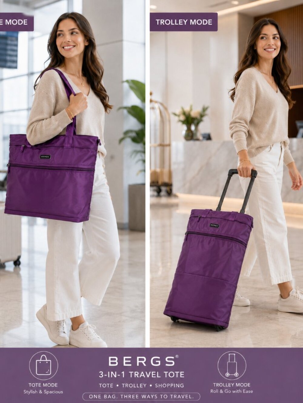 BERGS 3 in1 Travel Tote Shopping Trolley Foldable Overnight Carry On Adjustable